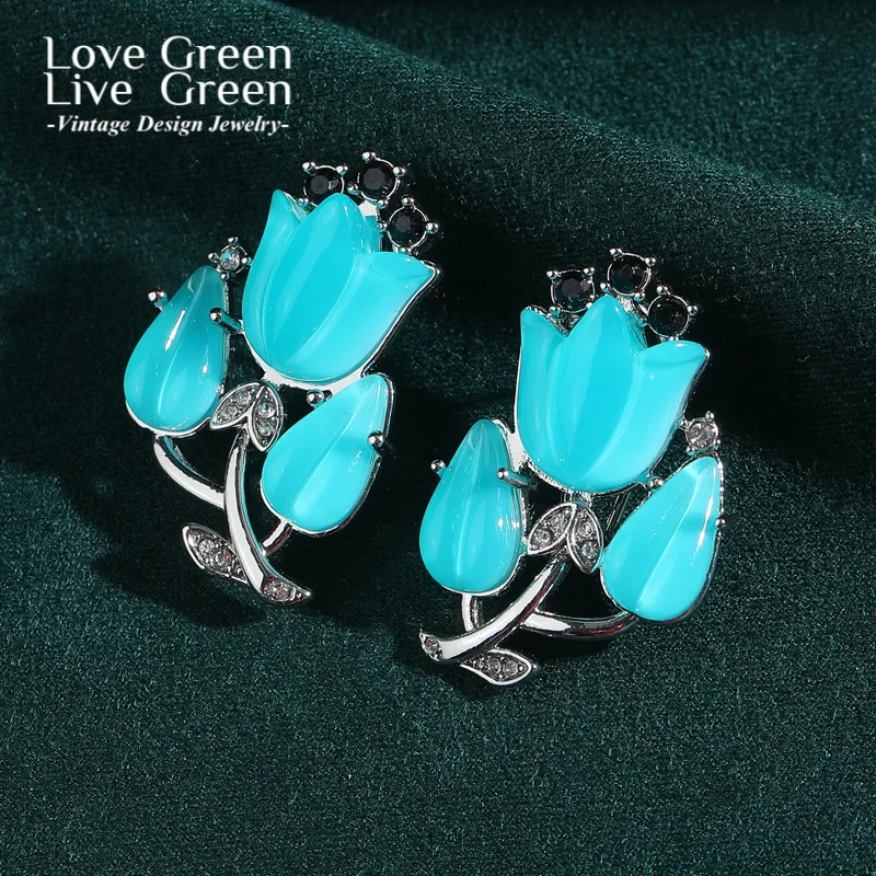 

Vintage Sea Blue Tulip Flower Earrings Woman Silver Color Elegant Luxury Quality Jewelry Fashion Designer Gift Daily Party New