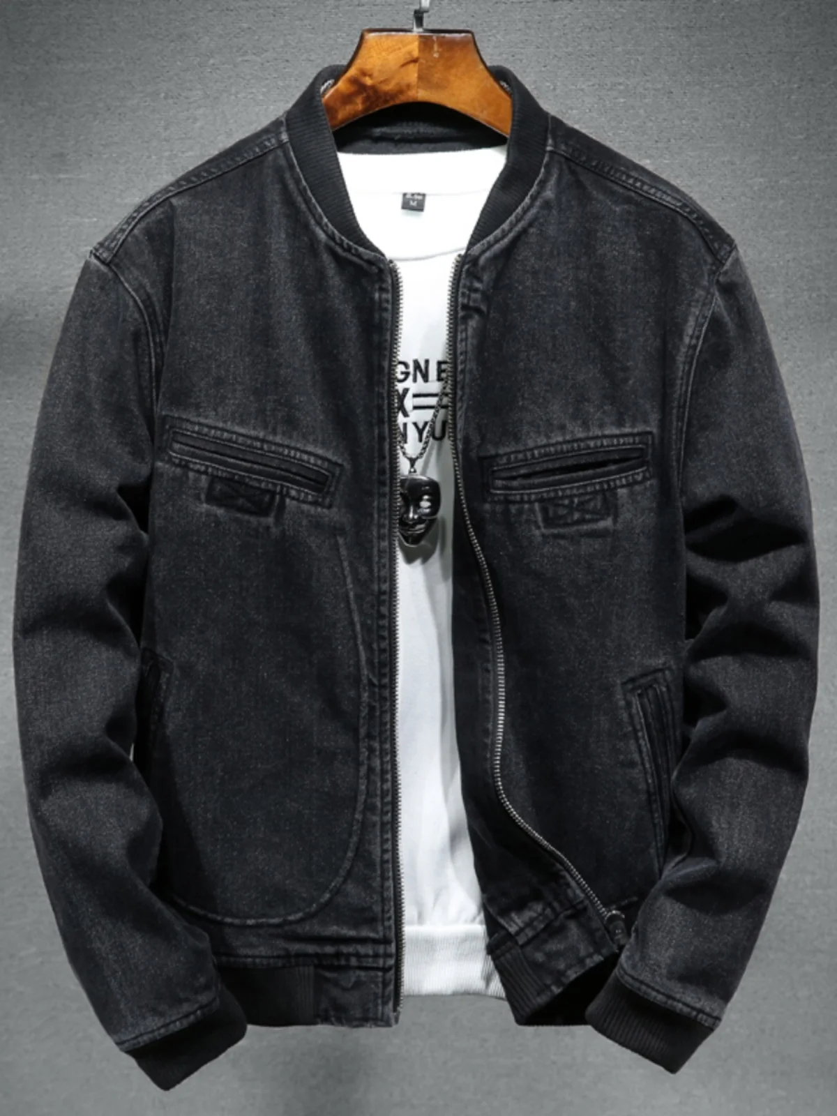

Men's Biker Sle Zipper Denim Jaet Autumn Winter Stand Collar Casual Loose Fit Cotton Blend Bla Versatile Cool Outerwear