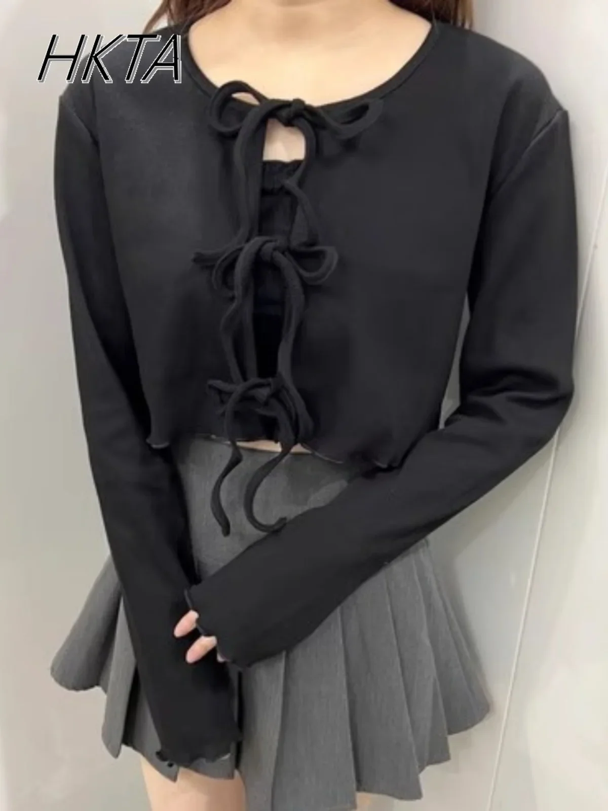 

Japanese Original Top Women's Fashion Cotton Threaded Fungus Edge Lace-up Bow Sweet Pink Tshirt Elastic Slim Long-sleeve T-shirt