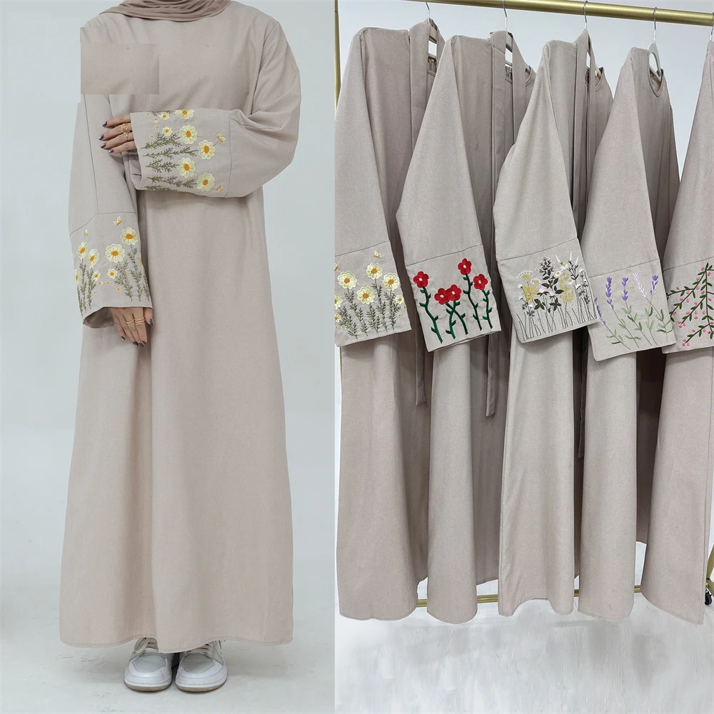 Flower Embroidery Dubai Abaya Modest Muslim Dress Women Loose Islamic Clothing Side Pockets Hijab Robe Casual Ramadan Eid