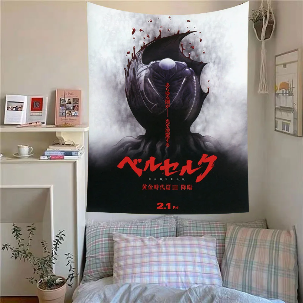 Hot Classic Anime Berserk Poster Tapestry Wall Hanging Fabric Interior Decor Tapestry Fans Room Aesthetic Decor Background Cloth