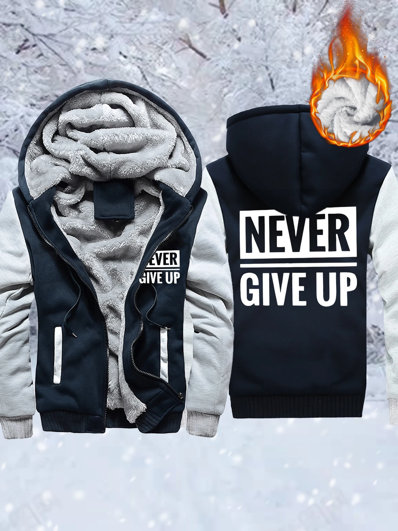

Мужская флисовая зимняя куртка с принтом Never Give Up, модная базовая толстовка с капюшоном, теплое утепленное пальто, удобная спортивная одежда на молнии, новая уличная одежда