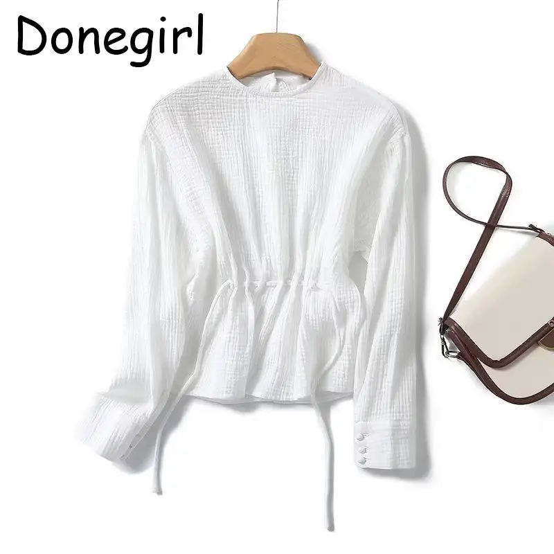 Donegirl 2024 Spring Women Fashion New Round Neck Pleats Shirt Slim Solid Simple Versatile Elegant Blouses Female Tops Chic