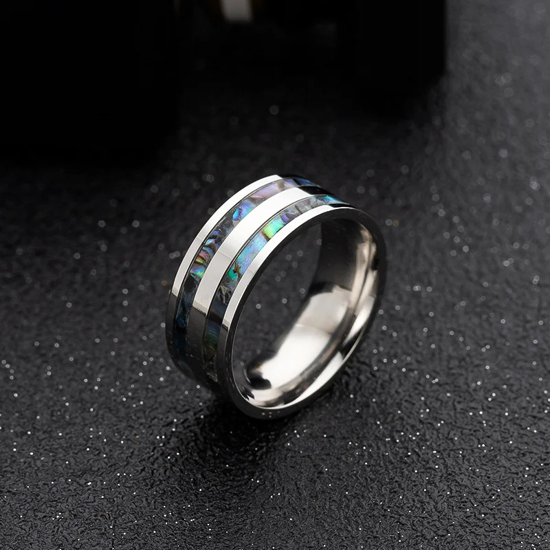 Kissmoon High Quality Stainless Steel Punk 8mm Wide Ring for Men Women Inlaid Abalone Shell Finger Ring Couples Jewelry Gift