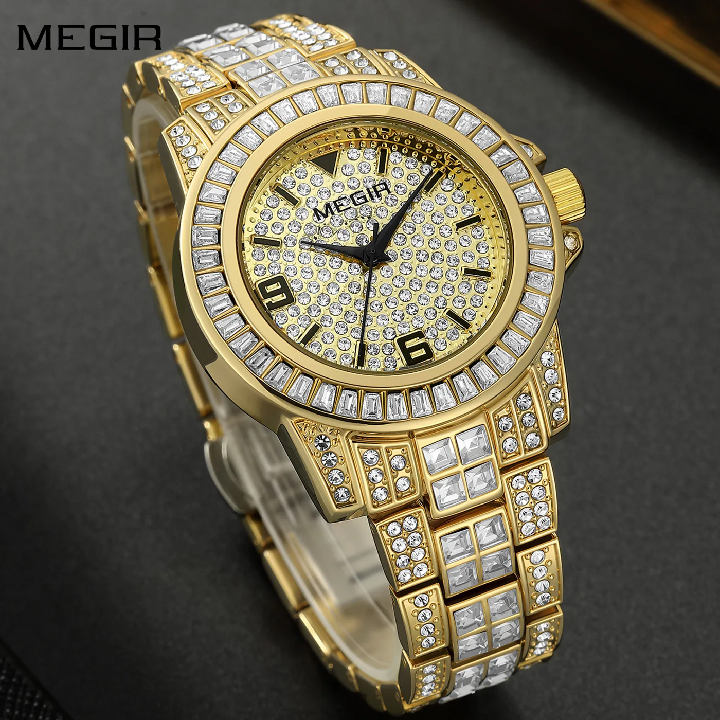 

MEGIR Luxury Full Diamond Watches for Men Stainless Steel Bracelet Waterproof Quartz Watch Large Dial Leisure Man Wristwatches