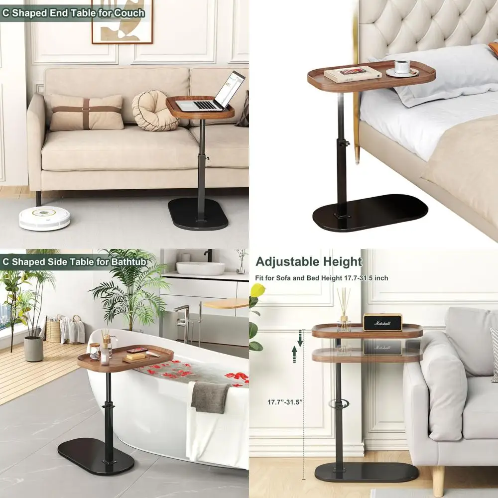 

Adjustable Height C-Shaped Swivel End Table with Wheels, Laptop Stand, Sofa/Bed Side Table, Living Room Coffee Table (Walnut)