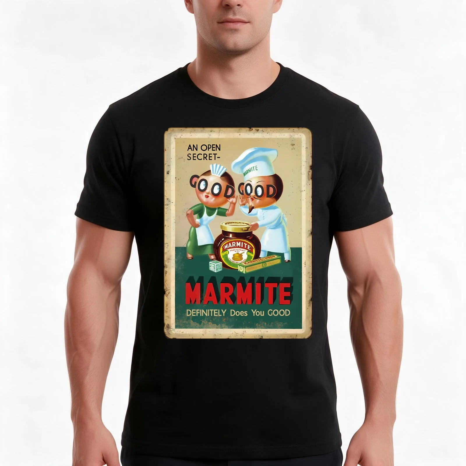 Vintage Marmite Advert (rusty sign style) - Marmite Definitely Does You Good - Nostalgic Food Ad T-Shirt, Vintage Graphic Print