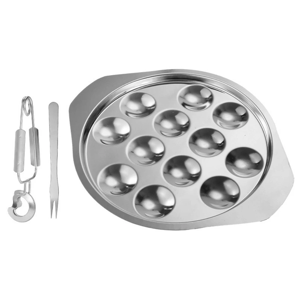 

3PCS/SET Stainless Steel Escargot Serving Tray Round C Claws Seafood Plates Elegant with 12 Holes Snail Claws Kitchen