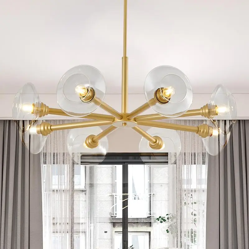 36" Gold 8-Light Sputnik Chandelier with Clear Glass Shades, Mid-Century Pendant Light for Dining Room, Living Room, or
