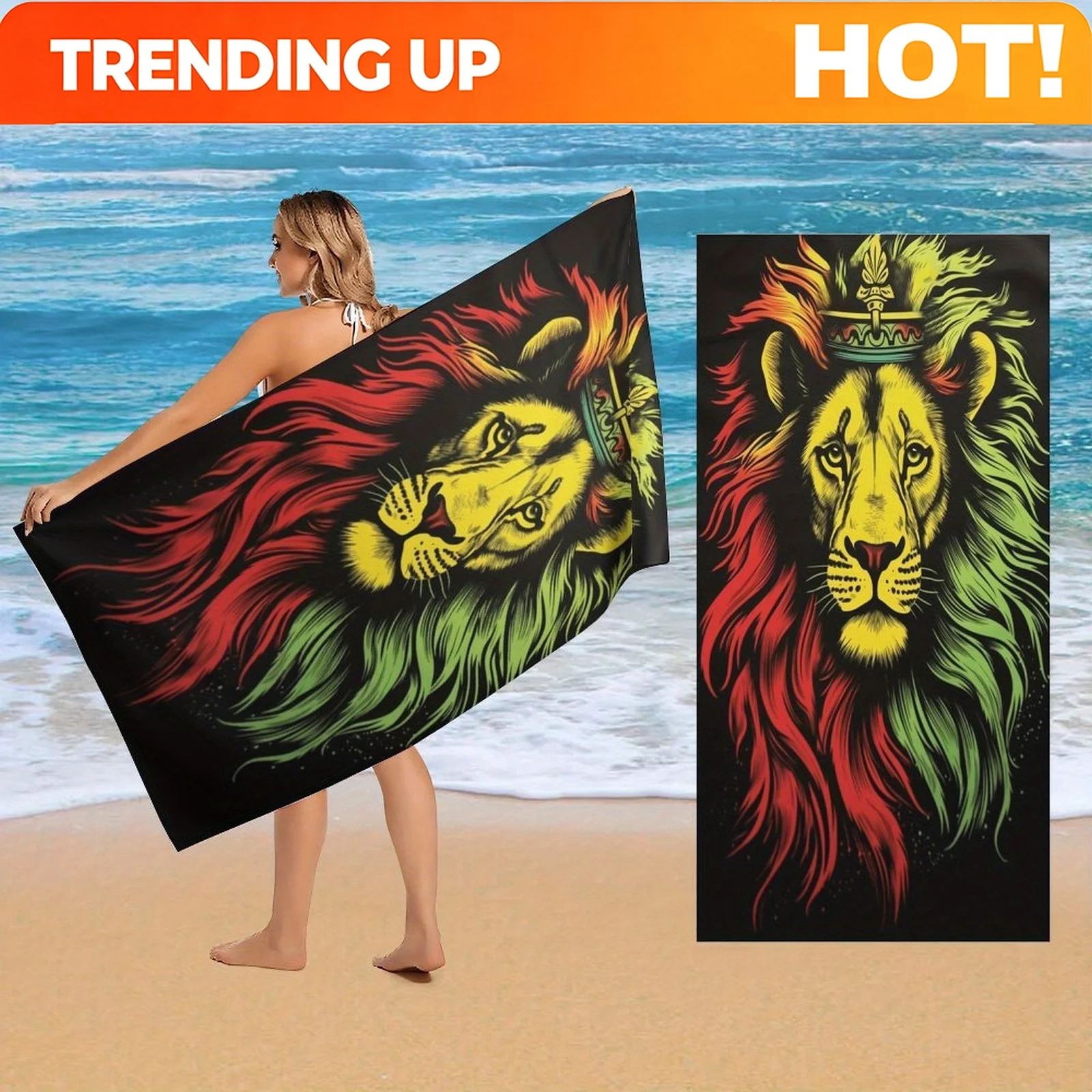 Customize Jamaica Rasta Lion Crown Beach Towel/Large Super Absorbent Quick-Dry Microfiber Towel/Vibrant Reggae-Inspired Print/Li