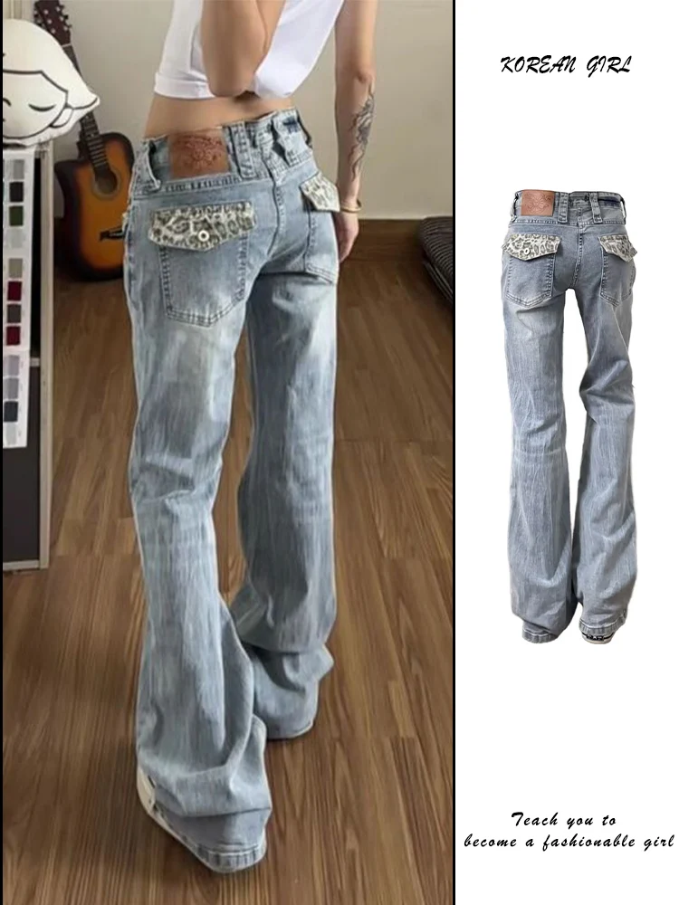 Retro Blue Leopard Print Jeans Women's Spring Autumn Micro Flared American Washed Pocket Slim Fit Narrow Long Pants