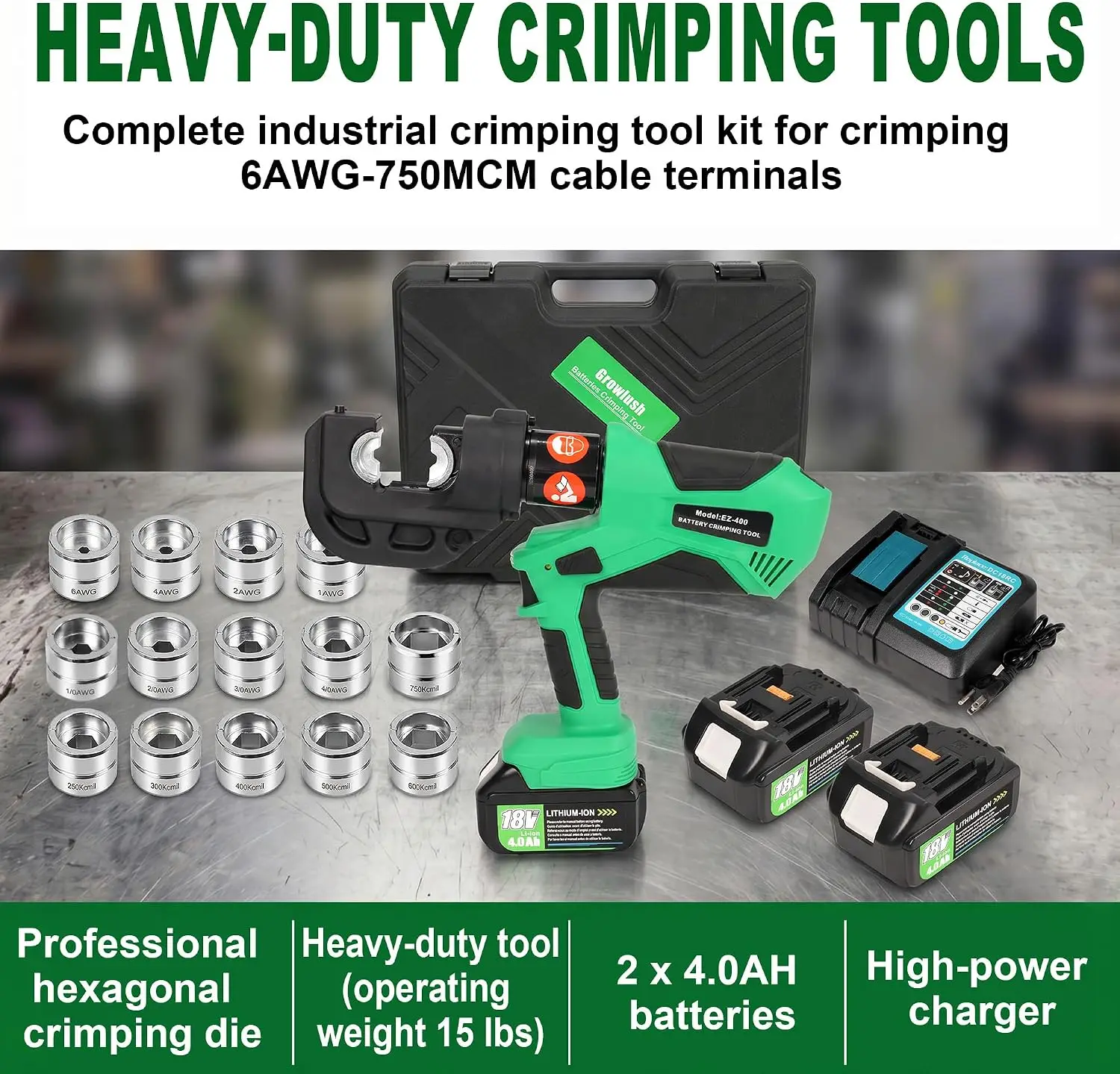 12 Ton Hexagonal Hydraulic Cable Lug Crimper Kit - 18V Cordless Electric Professional Tool with 2x 4.0Ah Batteries, Charger, and 14 Heavy-Duty Dies (6 AWG to 750 MCM)