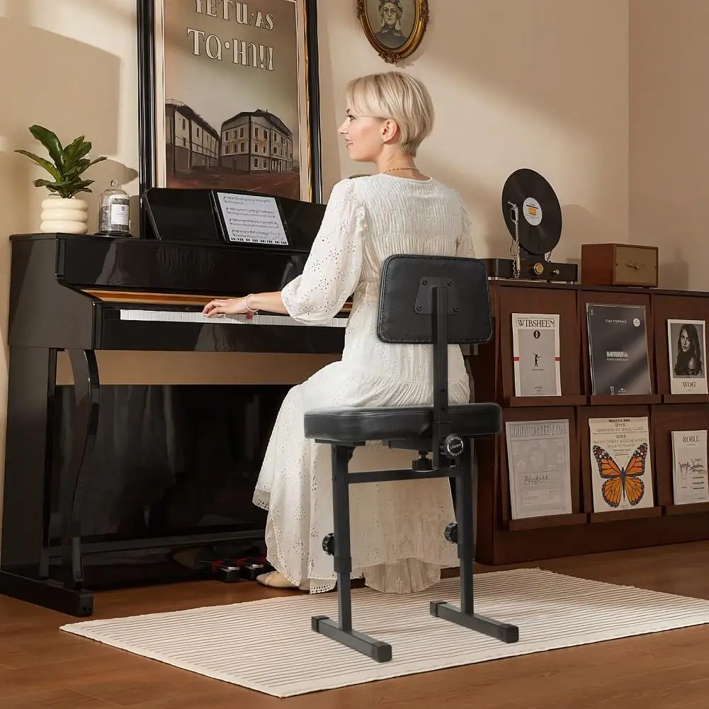 H-Style Padded Piano Bench, Height Adjustable Keyboard Seat With Backrest For Kids Adults view 3