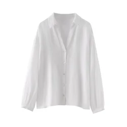 2024ZAR4 Summer New Women's European and American Style Fashionable niche Loose Casual Versatile White Pure Linen Shirt