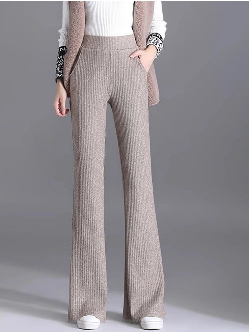 

Women's Wool Blend Flare Pants Autumn Bootcut Pants Elastic Waist Petite Regular Long Tall Girl Dress Pants Thick Offical Casual