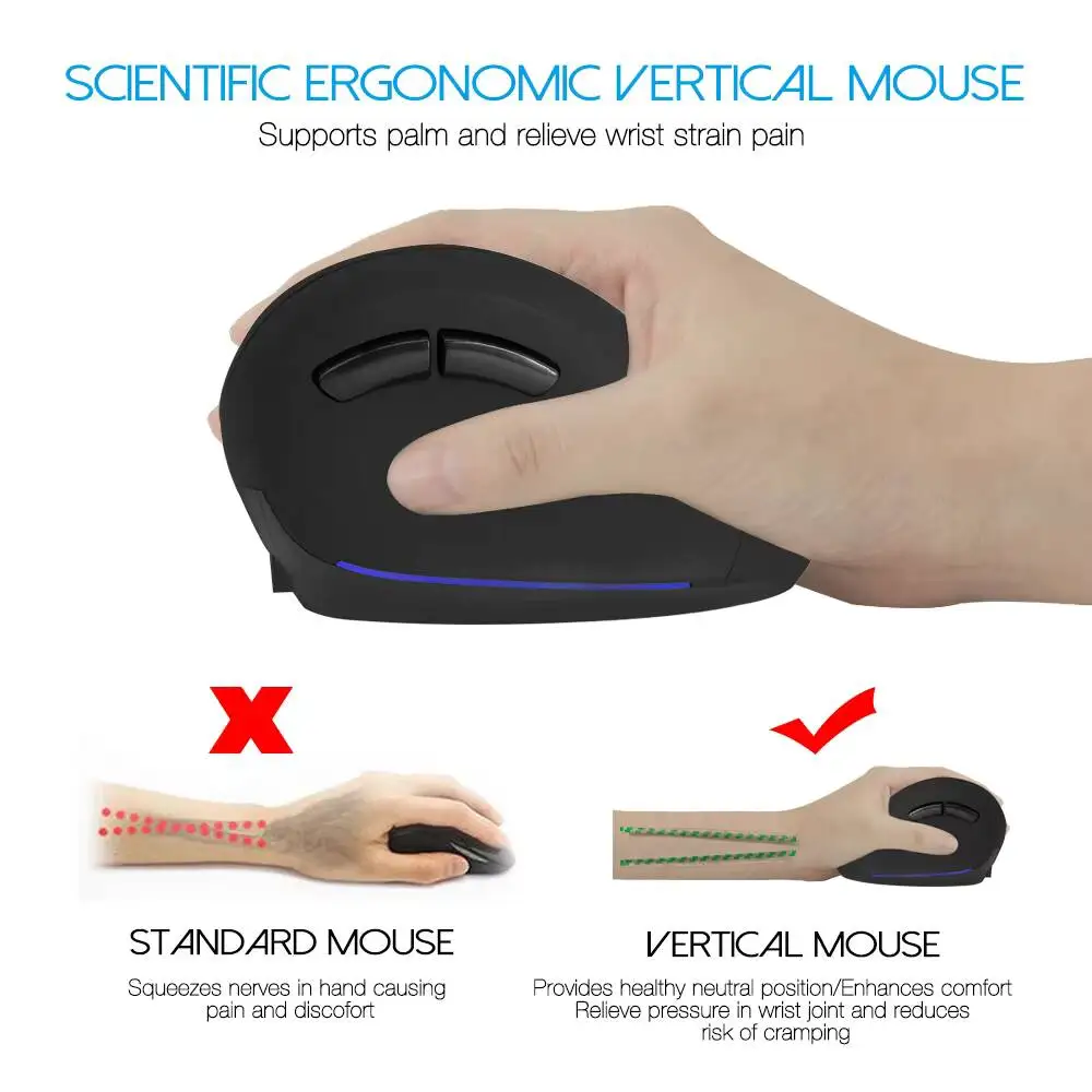 Ergonomic Vertical Wireless Rechargeable Mouse 6 Buttons Optical Gaming Mice Large Hand Wrist Relief Mouse For Laptop Desktop PC