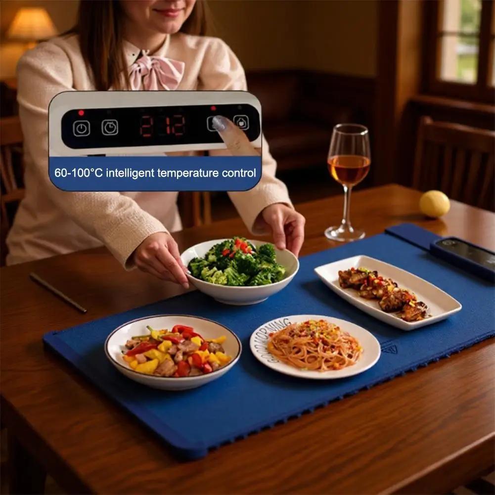 صينية تدفئة كهربائية مع درجة حرارة قابلة للتعديل، سخان طعام قابل للطي، تسخين سريع، سخان طعام، مفرش طاولة من السيليكون