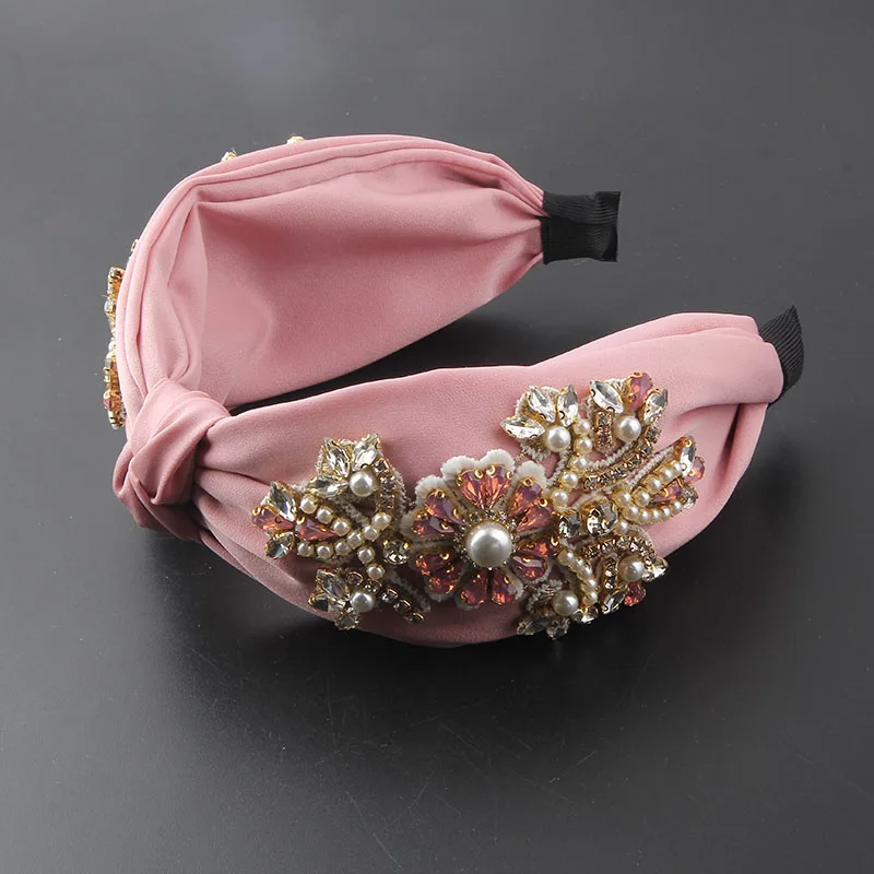 White Blue Full Pearl Crystals Rhinestone Hairband Fabric Wide-Brimmed Headband  Luxury Baroque Wide Headband For Women 852