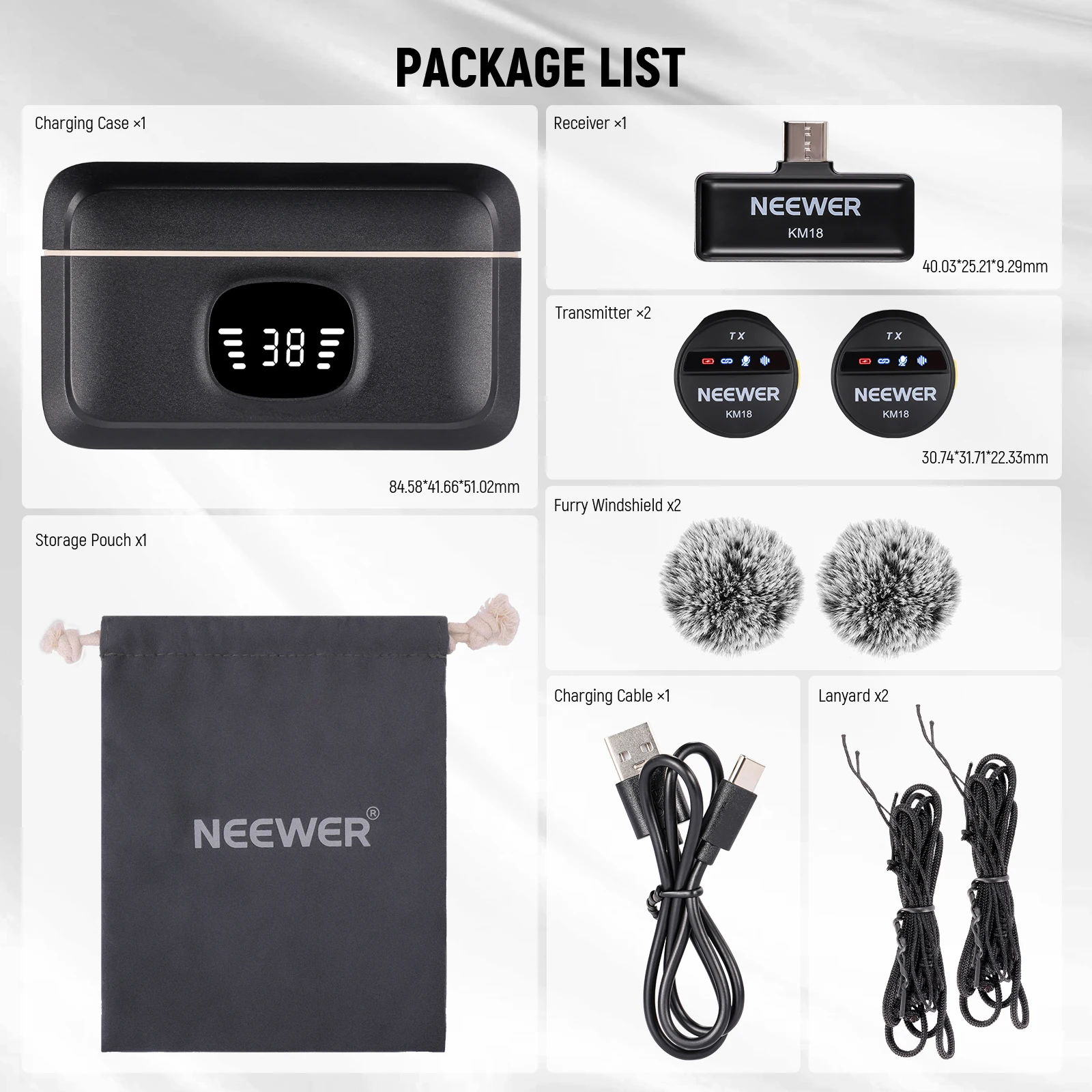 iPhone 15/Android/노트북 소음 차단 24H 배터리 용 충전 케이스가있는 USB C 용 Neewer KM18 무선 라 발리에 마이크