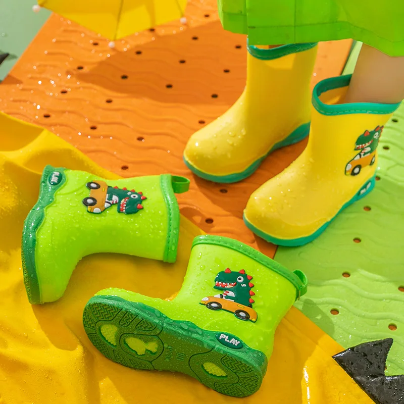 Children\' Rain Boots Cartoon Dinosaur Boys Girls Students Water Shoes Waterproof Toddler Rubber Boot Slip on Non-slip Kids Shoes