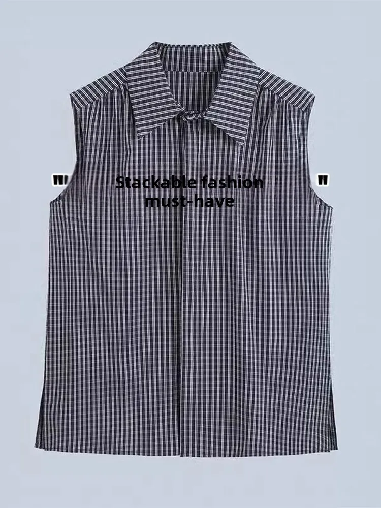 

Simple Versatile Collar Plaid Sleeveless Women's Shirt Layering Base Layer Tank Top Vest Top Outerwear Summer Thin