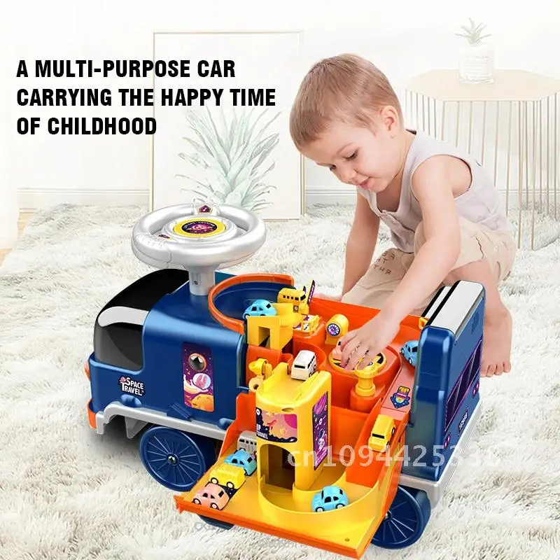 Child Electric Train Car Riding Toy Ailway Baby Stroller Walker Child Can Carry Train Rail Classical Model Fire Police Space Car