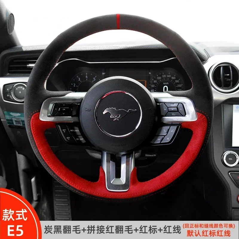 

For Ford Mustang GT Stitch Black Suede Leather Sport DIY Hand Sewn Steering Wheel Cover Interior Handle Cover