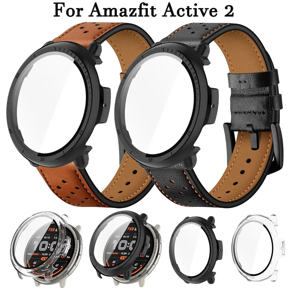Vintage Leder Atmungsaktives Armband + Glashülle für Amazfit Active 2, ersetzt Armband für Amazfit Active 2 Displayschutzhülle