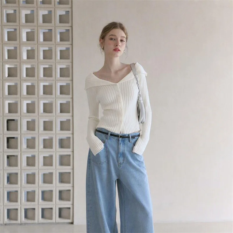 YZJNH 2026 autumn new sweater women's lapel striped long sleeved knitted sweater top Korean version loose plus size sweater wome