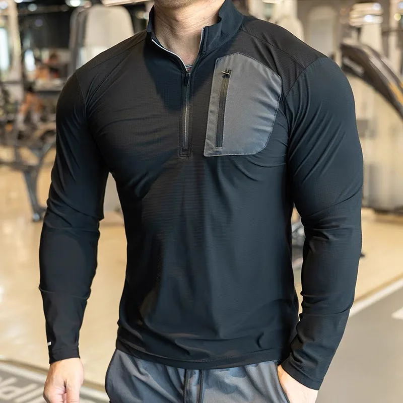 Langarm schnell trocknen im Freien Training Laufen T-Shirts Fitness atmungsaktive Turnhallen Männer Kleidung Jogger Reiß verschluss Tasche Sport hemden
