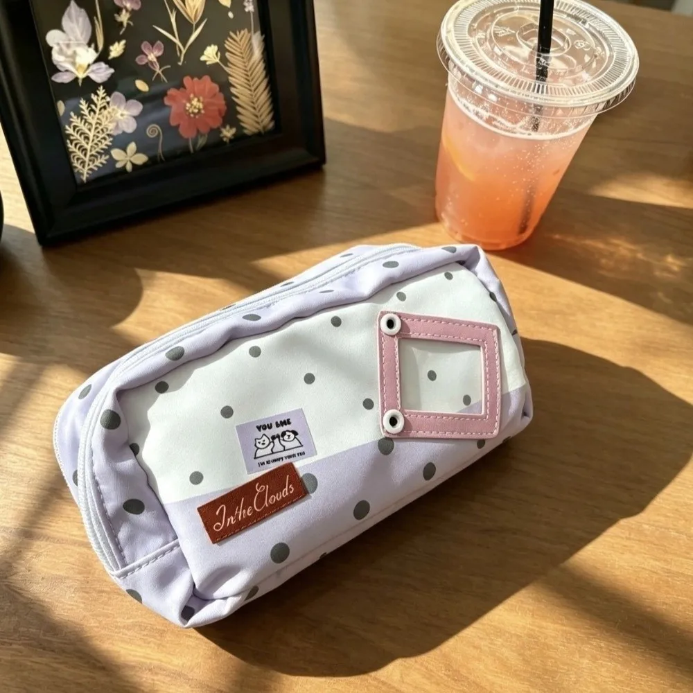 Large Capacity Pencil Case Polka Dot Pattern Macaron Color Stationery Bag Multi-Compartment Canvas Material