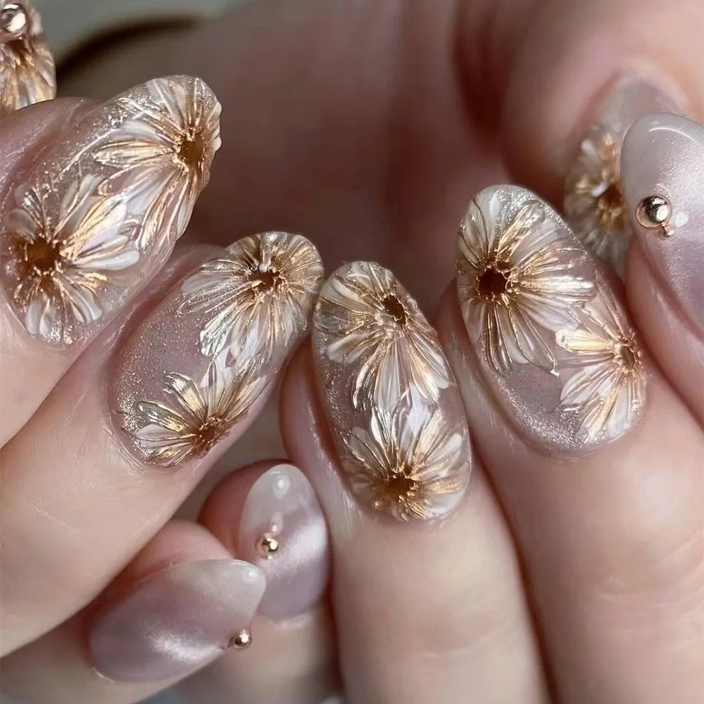 24Pcs Short Round Head False Nails Set with Pink Flower Design