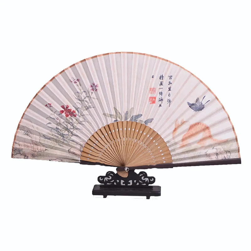 Folding Fan Summer Hanfu Photography Retro Style Antique Butterfly Cat Portable Exquisite Chinese Cultural Elements