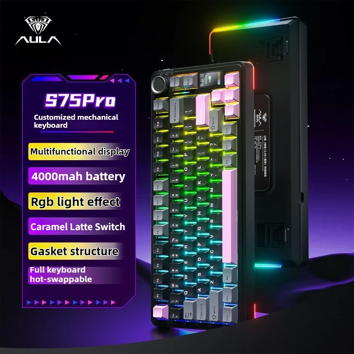 

AULA S75Pro Gaming Keyboard Tri Mode RGB Gasket Structure Wireless Mechanical Keyboard 4000mAh Screen PC Gamer Accessories Gifts