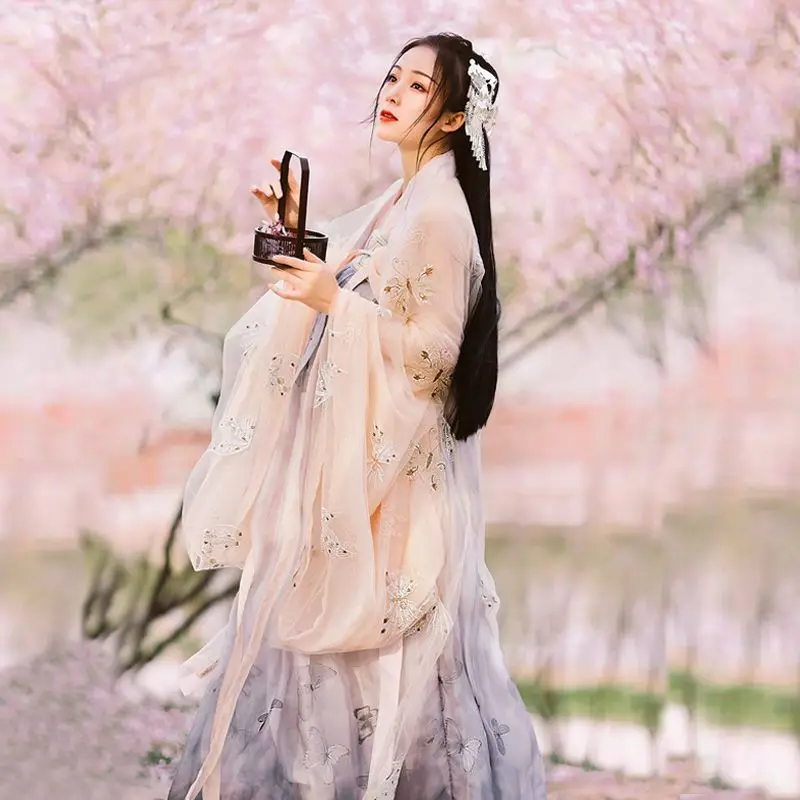 Gaun Hanfu gaya Cina Set gaun putri bordir bunga elegan tradisional wanita kostum panggung dansa manis Dinasti Tang