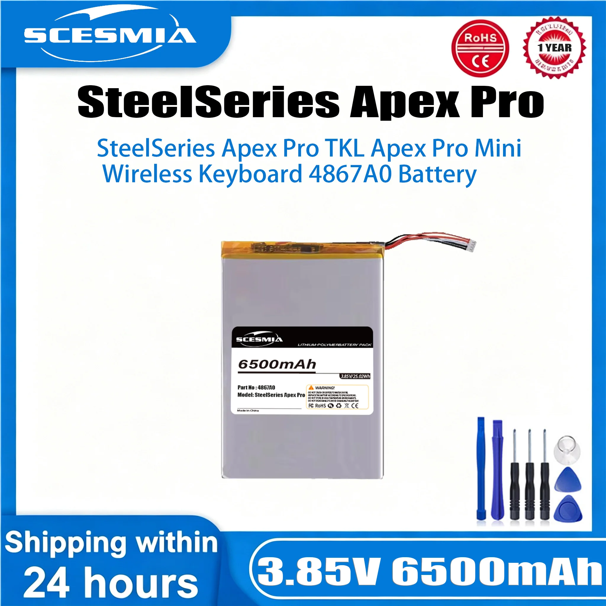 New 3.85V 6500mAh SteelSeries Apex Pro TKL Apex Pro Mini Wireless Keyboard 4867A0 Battery +Toolkit