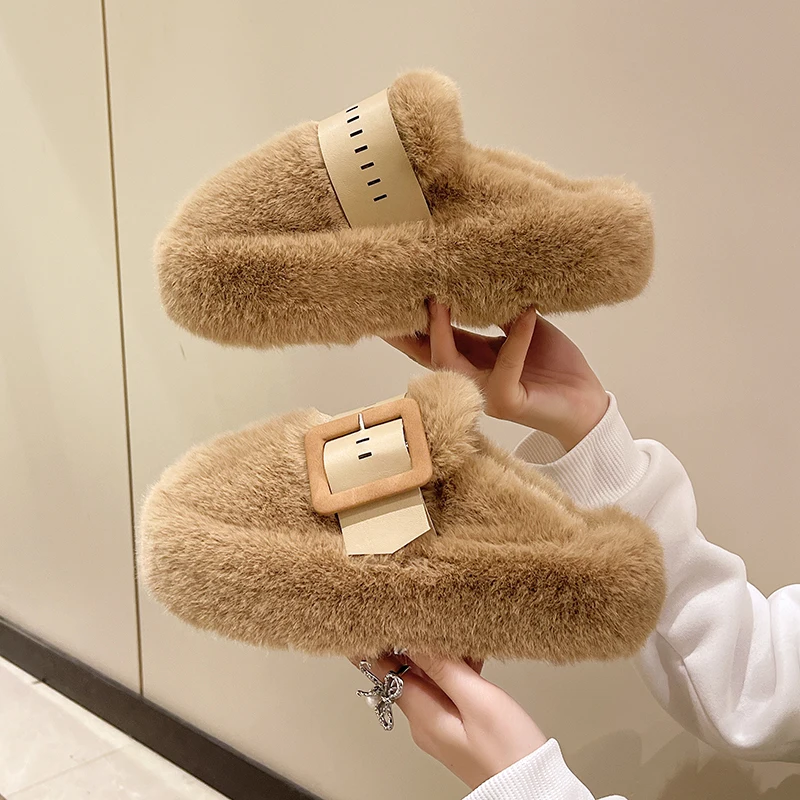 

Fur Flats Women Slippers Short Plush Warm Mules 2023 Winter New Casual Platform Shoes Flip Flops Zapatos De Mujer Indoor Winter