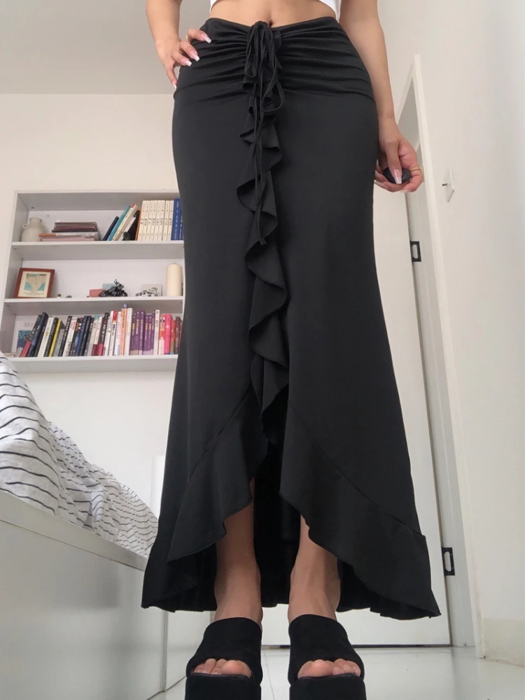 Robe en queue de poisson plissée à volants rétro pour femmes, jupe en polyester, taille haute, plissée, à lacets, fendue, coupe couvertes, mode estivale