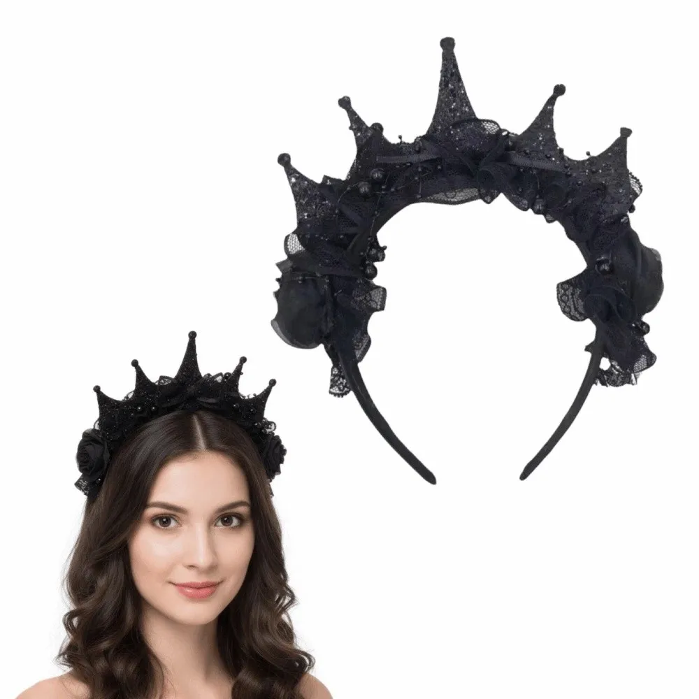 Gothic Women's Black Headdress Dark Style DIY Black Rose Lace Crown Adjustable Comfortable Halloween Hair Hoop Party Wedding