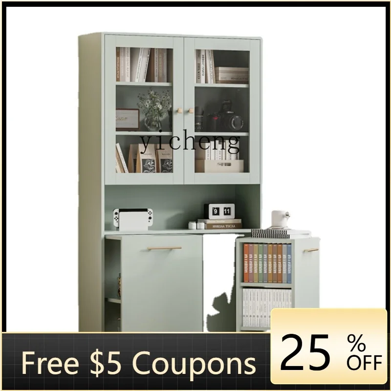 

ZZf Green Combined Bookcase Double Door Glass Multi-Function Storage Cabinet with Cart