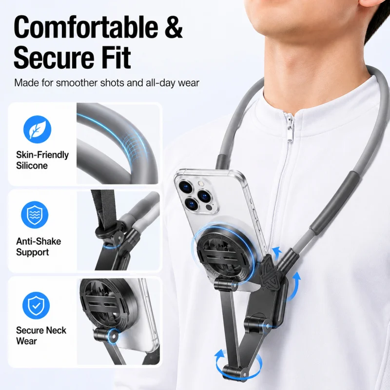 

Magnetic Neck Phone Holder POV Mount, 720° Rotating Hands-Free Phone Stand for First Person View Video Recording, Anti-Shake Vlo