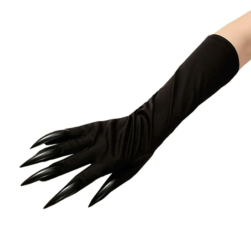 Trucco nero di Halloween Guanti per unghie neri Guanti elastici per dita intere Fantasma Gatto Demone Zampa Guanti Divertenti Guanti lunghi da donna Cosplay