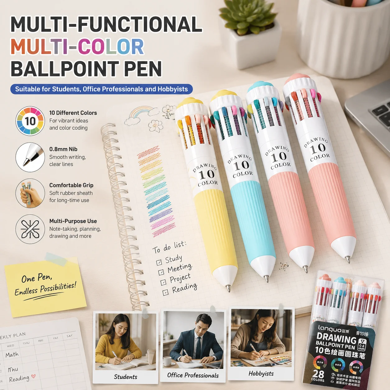 Multicolor 10-in-1 Colored Ballpoint Pens 0.8mm Fine Point Smooth Writing,Retractable Ballpoint Pens Back to School Stationery