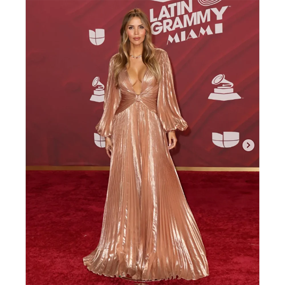 sparkling Sexy V Neck Long Sleeves A-Line Evening Dress New Fashion Female Floor Length Party Prom Gowns