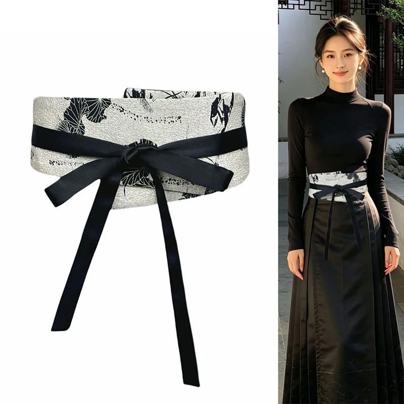 Lace Up Vintage Corset Waist Cincher with Floral Embroidery for Women Hanfu Dress Shirt Retro Fashion Belt