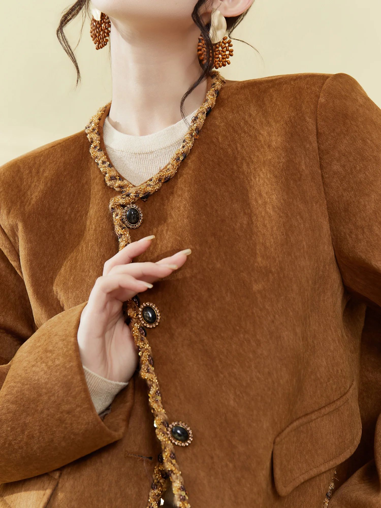 

FlowingEra Retro High-End round Ne Jaet Women's Autumn Winter Suede Fabric Belted Coat Comfortable Warm Straight Hem Design