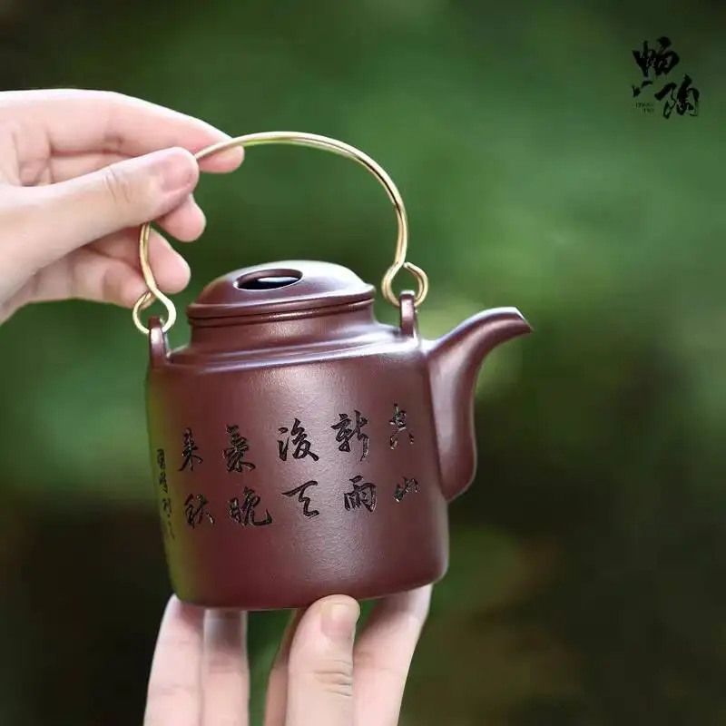 [Changtao]Yixing Teapot, Fully Handmade Pottery, Tea Brewing Pot, Home Collection, Purple Clay Carving, Barrel-Shaped, 320Cc