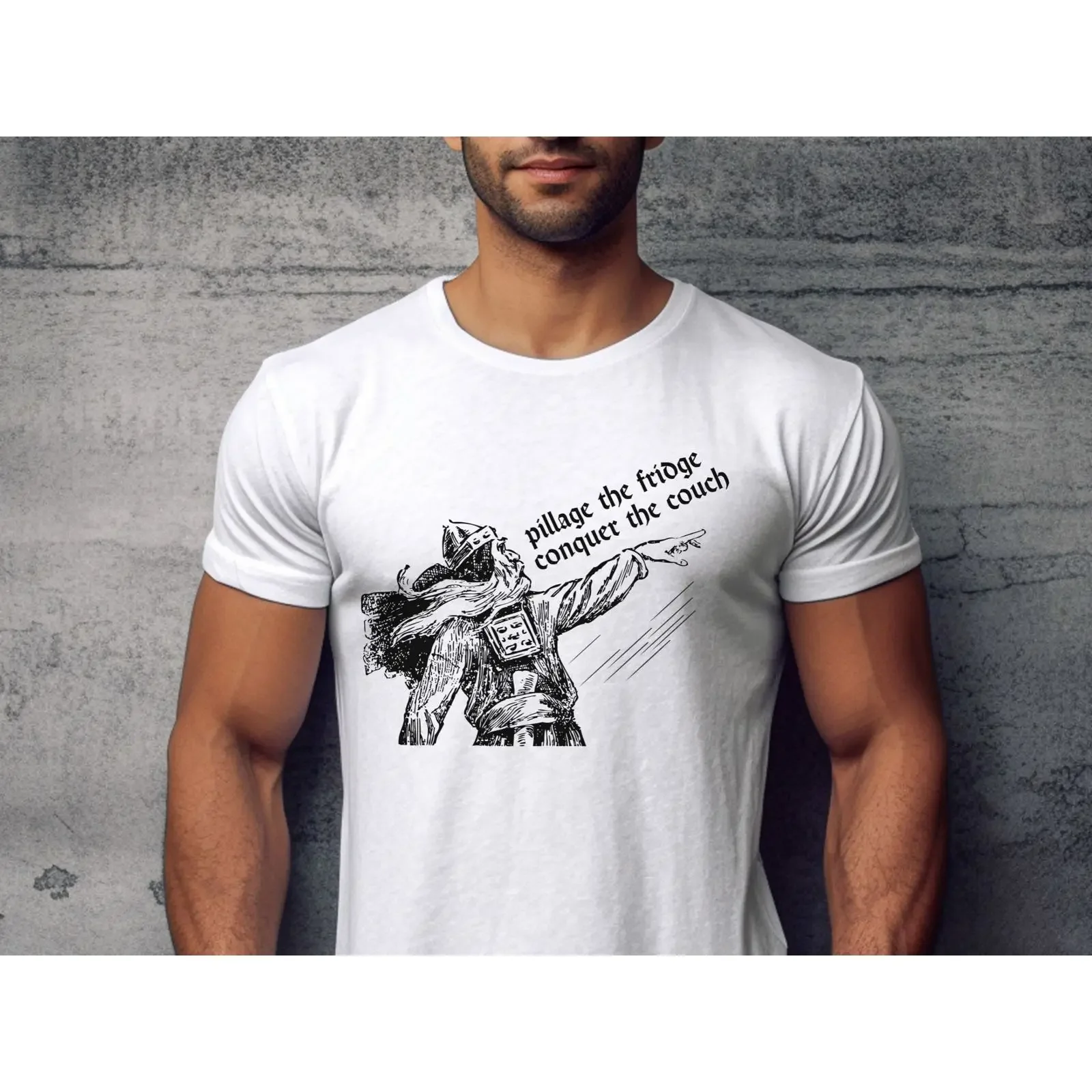 Funny Viking Sarcastic T shirt Pillage The Fridge Conquer Couch Norse Mythology for Men Fan Casual Top vintage Washed Unisex