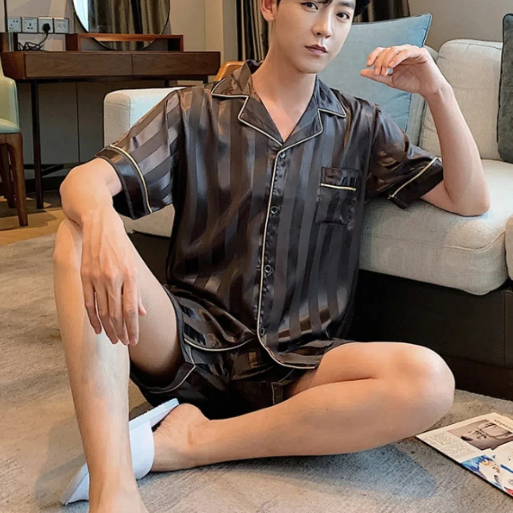 

Simple Stripe Men’s Pajama Suit Satin Silk Loose Short Sleeve Nightwear Grid Homewear Two Pieces Sleepwear Gifts