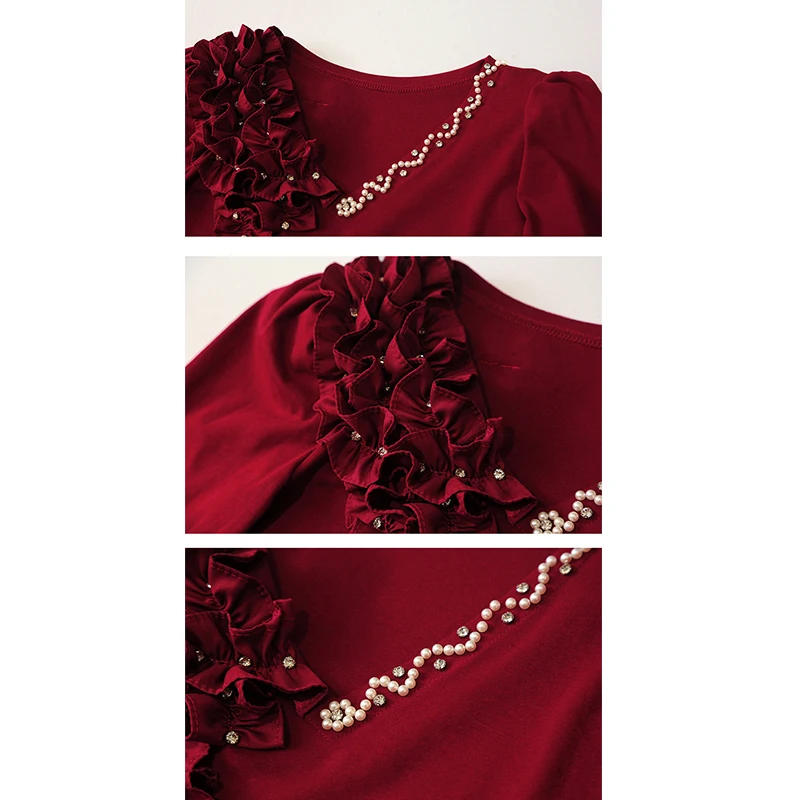 Noir Style coréen automne hiver T-Shirt mode Sexy col en v perles brillantes 3D fleur haut pour femme à manches longues mince t-shirts 2025, nouveau 49203